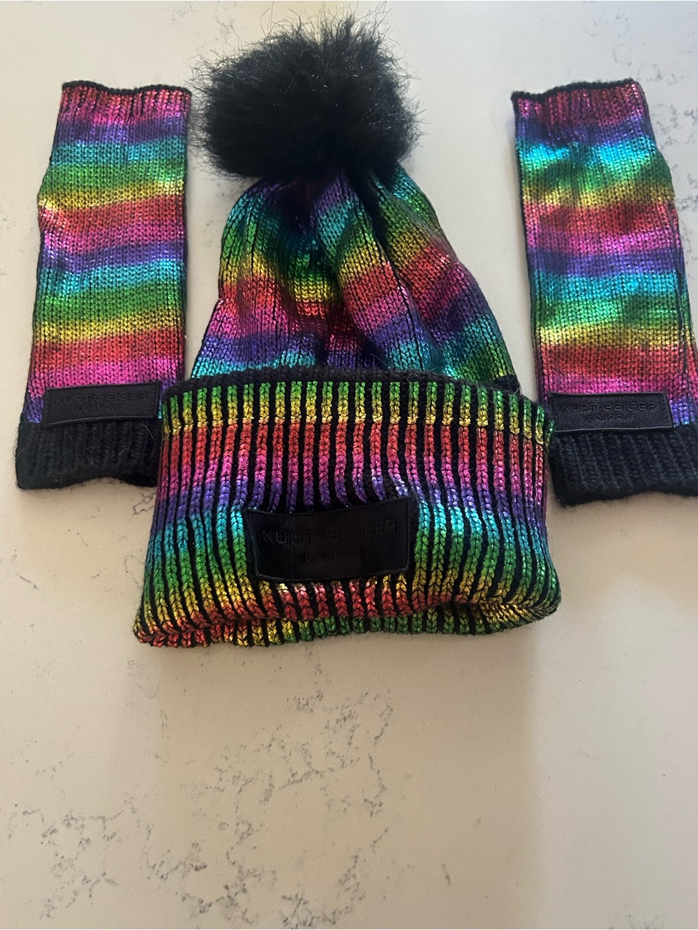Kurt Geiger women’s Rainbow Metallic Pom Beanie & Wrist Warmers Set - Multicolor